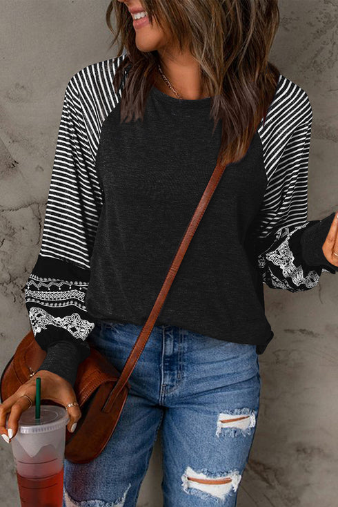 Contrast Print Striped Raglan Crew Neck Loose Long Sleeve Top